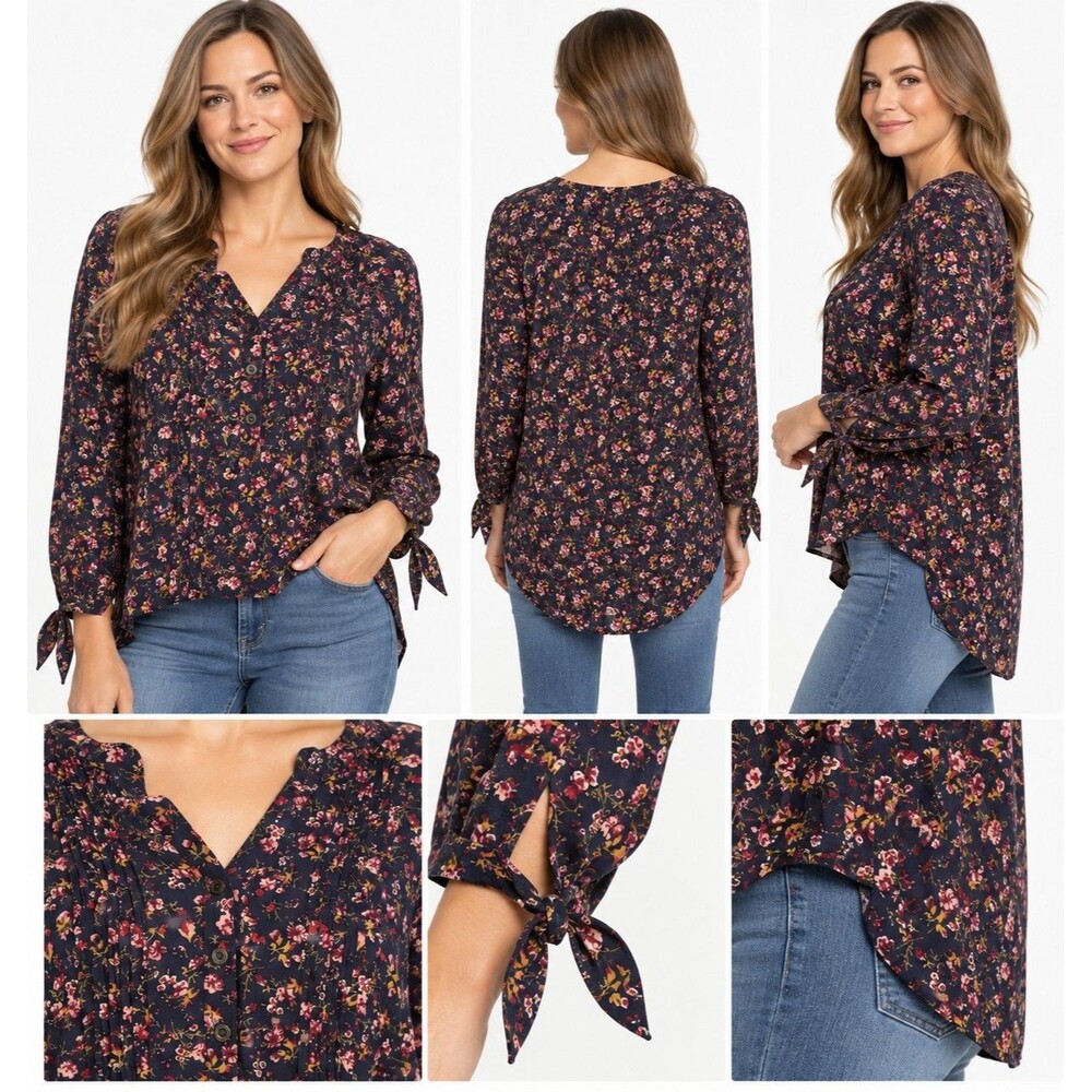 Women’s XL Floral High Low Blouse Navy Pink Pintuck Tie Sleeve Button Boho Top